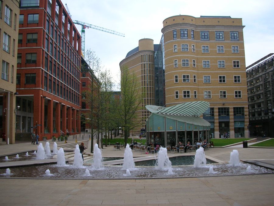 Commercial office buildings and fountains at Brindleyplace, Birmingham