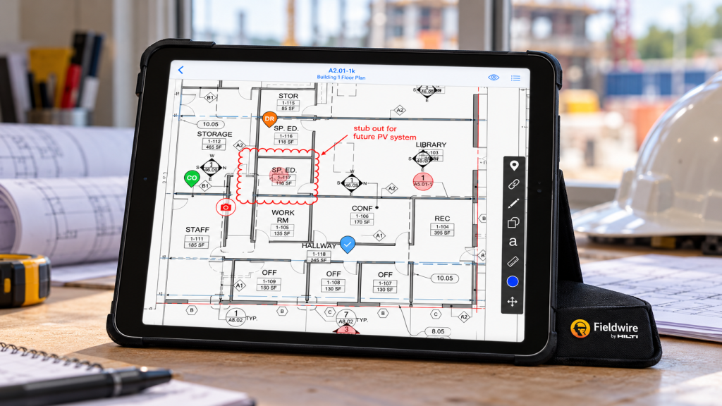iPad displaying Fieldwire construction plans and task markers in a site office