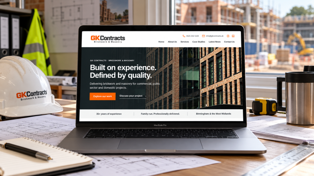 GK Contracts website displayed on a MacBook Pro in a construction site office