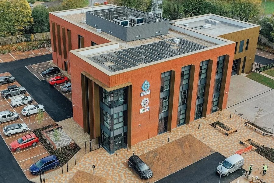 Aerial view of Redditch Fire and Police Hub and its brick elevations